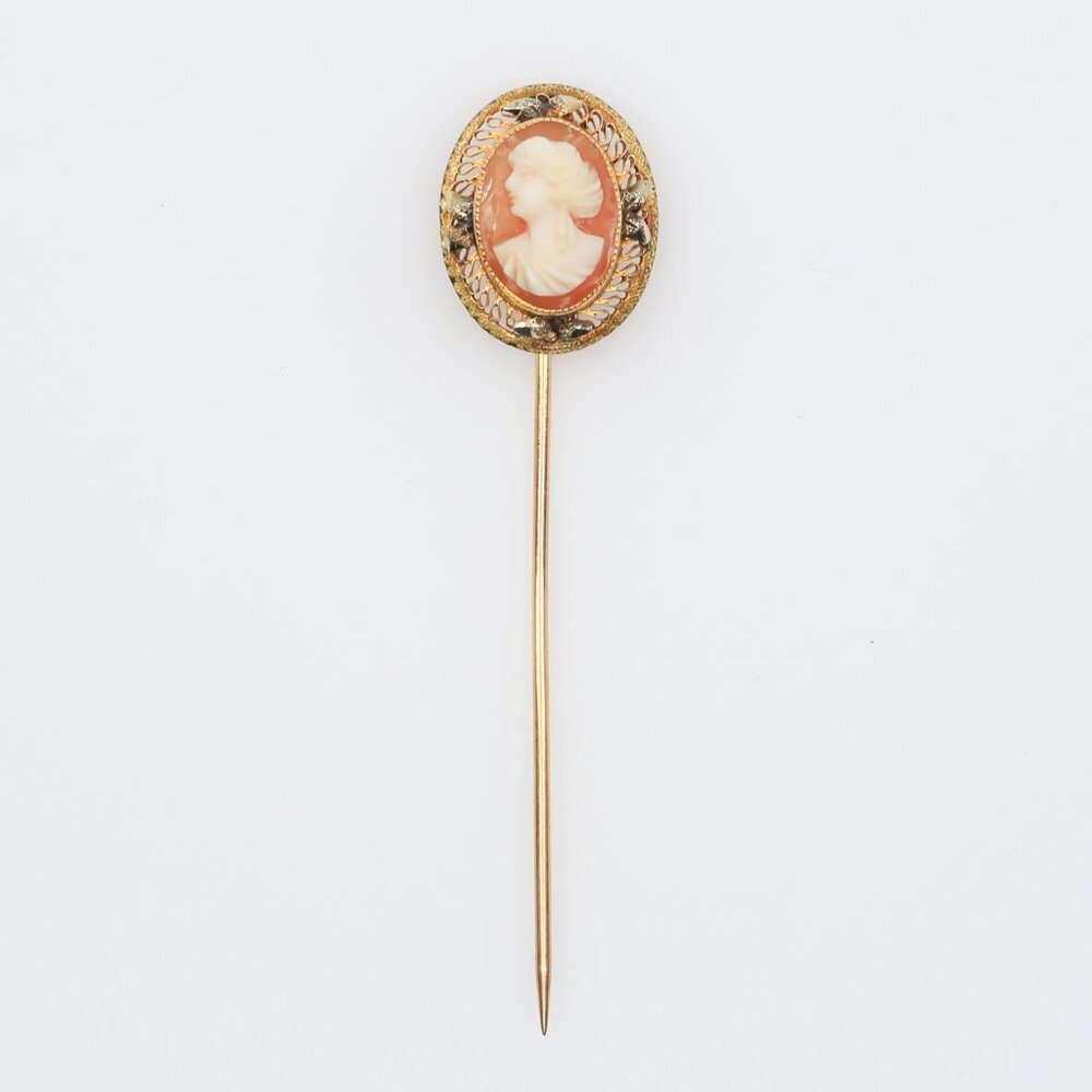 Vintage 10K Gold Shell Cameo Stick Pin Edwardian Filigree Portrait 1910s - Picture 2 of 5